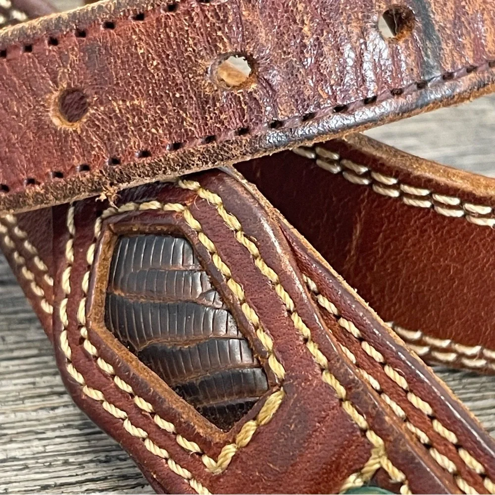 Academy Brown Leather Men's Belt. Italy. Brass like accents. Pre-owned. Lizard